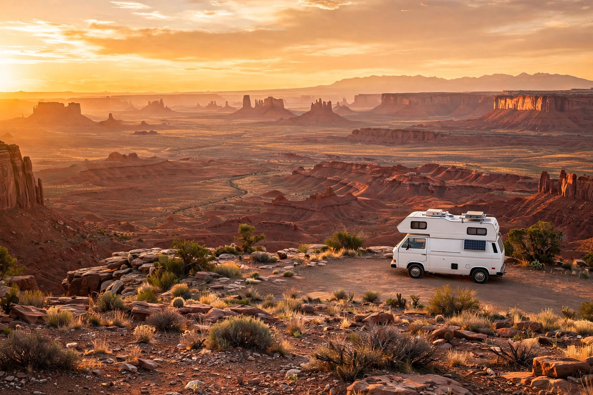 Camper van parked at a desert overlook at golden hour